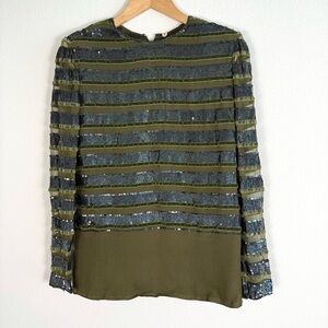 Vintage 80s Velvet Sequin Long Sleeve Top Green Womens 8 Goblincore Glam Party